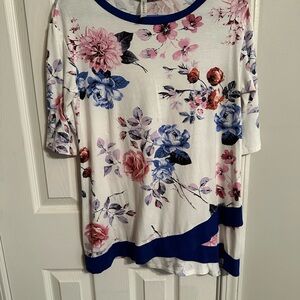 Emerald Pink and Blue Floral Top with Blue Trim